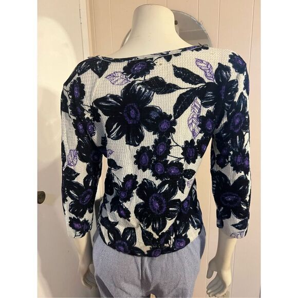 SoCa St. John Wool Blend 3/4 Sleeve V-Neck Beaded Floral Print Lightweight Sweat - Picture 4 of 11